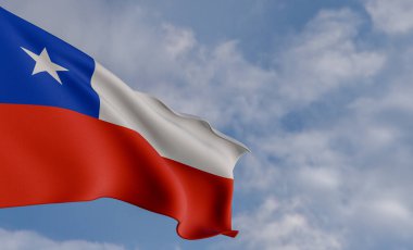 Ulusal Şili bayrağı, Şili bayrağı, kumaş bayrağı, Şili bayraklı mavi gökyüzü arkaplanı, 3 boyutlu çalışma ve 3 boyutlu görüntü