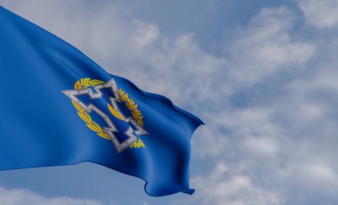 Ulusal CSTO bayrağı, CSTO bayrağı, kumaş bayrağı CSTO, mavi gökyüzü arkaplanı CSTO bayrağı, 3D çalışma ve 3D görüntü