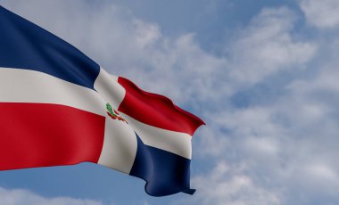 Dominik Cumhuriyeti, Dominik Cumhuriyeti bayrağı, kumaş bayrağı Dominik Cumhuriyeti, Dominik Cumhuriyeti bayrağı, 3D çalışma ve 3D görüntü ile mavi gökyüzü geçmişi