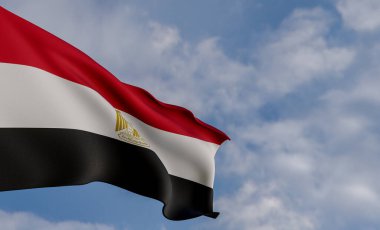 Mısır bayrağı, Mısır bayrağı, kumaş bayrağı Mısır bayrağı, mavi gökyüzü arkaplanı Mısır bayrağı, 3D çalışma ve 3D görüntü