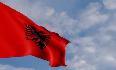 National flag Albania, Albania flag, fabric flag Albania, blue sky background with Albania flag, 3D work and 3D image