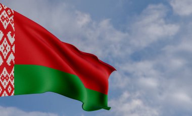 Beyaz Rusya bayrağı, Belarus bayrağı, kumaş bayrağı Belarus, Beyaz Rusya bayrağı, 3 boyutlu çalışma ve 3 boyutlu görüntü ile mavi gökyüzü arkaplanı