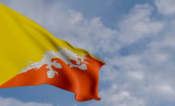 National Flag Bhutan Bhutan Flag Fabric Flag Bhutan Blue Sky — Foto de Stock