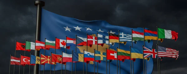 Kfor Countries Flags Background Flag Kosovo Dark Blue Sky War — стокове фото