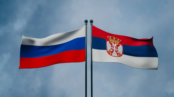 Serbia and Russia flags, Blue sky and flag Serbia and Russia, 3D work and 3D image