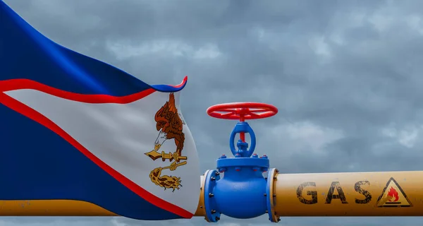 American Samoa gas, valve on the main gas pipeline American Samoa, Pipeline with flag American Samoa, Pipes of gas from American Samoa, 3D work and 3D image