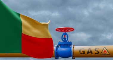 Benin gas, valve on the main gas pipeline Benin, Pipeline with flag Benin, Pipes of gas from Benin, 3D work and 3D image