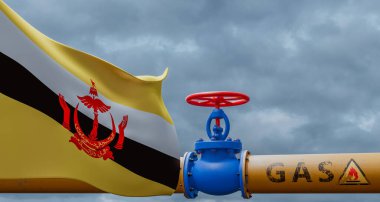 Brunei gas, valve on the main gas pipeline Brunei, Pipeline with flag Brunei, Pipes of gas from Brunei, 3D work and 3D image