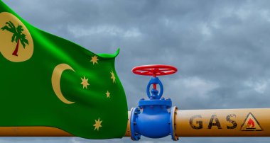 Cocos (Keeling) Islands gas, valve on the main gas pipeline Cocos (Keeling) Islands, Pipeline with flag Cocos (Keeling) Islands, Pipes of gas from Cocos (Keeling) Islands, 3D work and 3D image