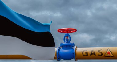 Estonia gas, valve on the main gas pipeline Estonia, Pipeline with flag Estonia, Pipes of gas from Estonia, 3D work and 3D image