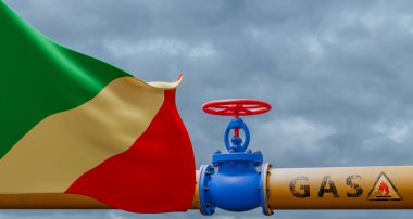 Congo gas, valve on the main gas pipeline Congo, Pipeline with flag Congo, Pipes of gas from Congo, 3D work and 3D image