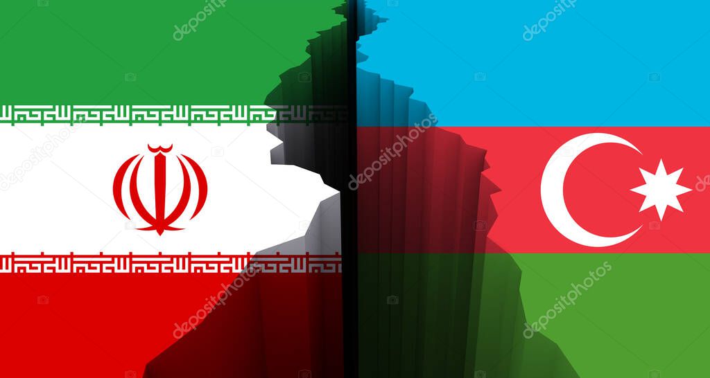 Concept of the Conflict between Iran and azerbaijan with painted Flags on a Wall and a Crack