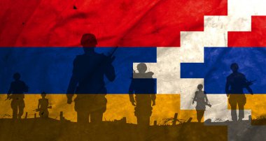 War Artsakh vs azerbaijan, shadow of soldiers in the battlefield on dirty flag Artsakh, Crises between Artsakh and azerbaijan
