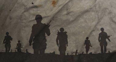 War crisis concept, shadow of soldiers in the battlefield on dirty background