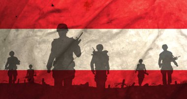 War in Austria, shadow of soldiers in the battlefield on dirty flag Austria, war crisis concept in Austria