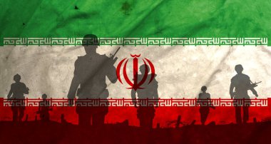 War in Iran, shadow of soldiers in the battlefield on dirty flag Iran, war crisis concept in Iran