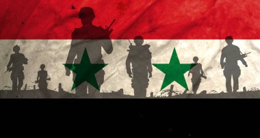 War in Syria, shadow of soldiers in the battlefield on dirty flag Syria, war crisis concept in Syria