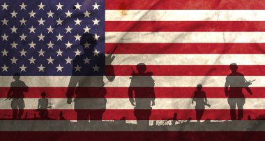 War in USA, shadow of soldiers in the battlefield on dirty flag USA, war crisis concept in USA