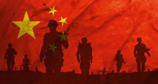 War in China, shadow of soldiers in the battlefield on dirty flag China, war crisis concept in China