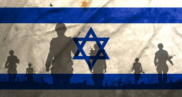 War in Israel, shadow of soldiers in the battlefield on dirty flag Israel, war crisis concept in Israel