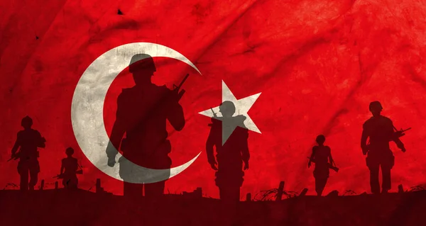 War in turkey, shadow of soldiers in the battlefield on dirty flag turkey, war crisis concept in turkey