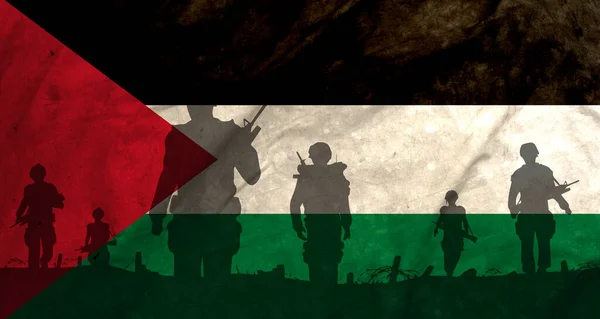 War Palestine vs Israel, shadow of soldiers in the battlefield on dirty flag Palestine, Crises between Palestine and Israel