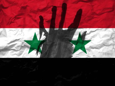 War in Syria,  concept of protest against the war, Stop the war and save lives, flag of Syria and the symbol of the hand to stop the war.