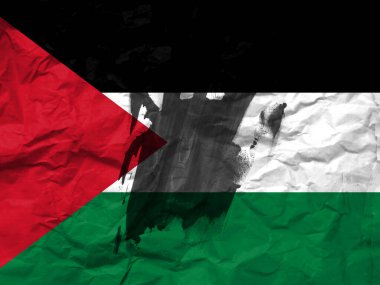 War in Palestine, concept of protest against the war, Stop the war and save lives, flag of Palestine and the symbol of the hand to stop the war.