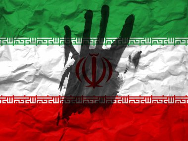 War in Iran, concept of protest against the war, Stop the war and save lives, flag of Iran and the symbol of the hand to stop the war.