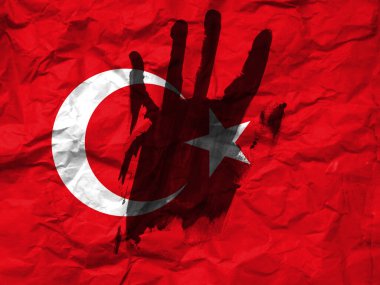 War in turkey, concept of protest against the war, Stop the war and save lives, flag of turkey and the symbol of the hand to stop the war.