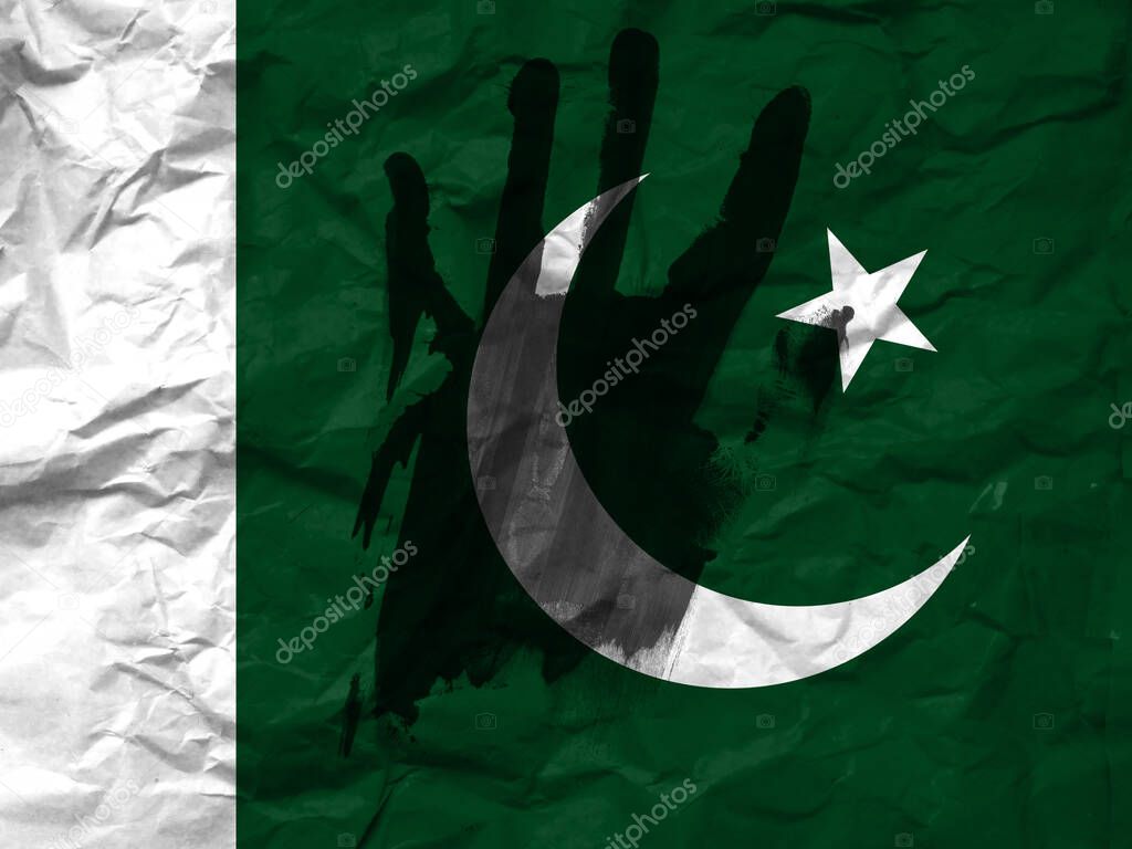 War in Pakistan, concept of protest against the war, Stop the war and save lives, flag of Pakistan and the symbol of the hand to stop the war.
