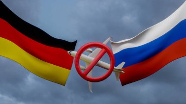 No travel by plane closed sky between Germany and Russia, Air travel banned between Germany and Russia, sanctions on Russian flights, closed sky from Russia to Germany, 3d illustration and 3d work