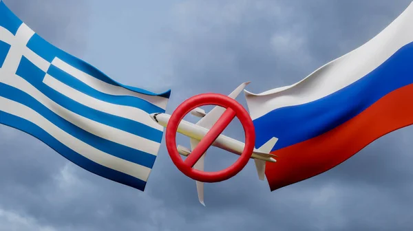 No travel by plane closed sky between Greece and Russia, Air travel banned between Greece and Russia, sanctions on Russian flights, closed sky from Russia to Greece, 3d illustration and 3d work