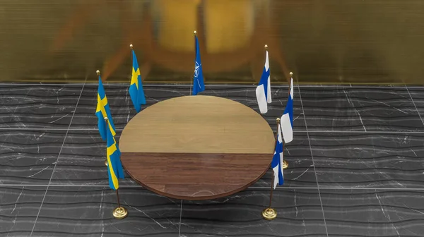 Sweden and Finland to join NATO, Welcome Finland and Sweden, flag Finland and Sweden and flag NATO, NATO Summit, 3D work and 3D illustration.  Yerevan, Armenia - 2022 August 10: