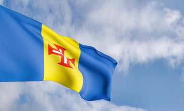 National flag Madeira on the background of clouds, fabric flag Madeira, blue sky background with Madeira flag, 3D work and 3D image