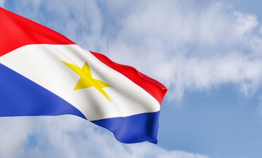 National flag Saba on the background of clouds, fabric flag Saba, blue sky background with Saba flag, 3D work and 3D image