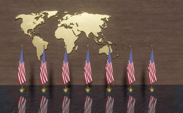 USA flags, flag of USA, Summit USA and map world on the wall, 3D work and 3D illustration