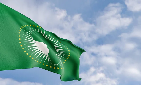 Organization flag  African Union on the background of clouds, fabric flag African Union , blue sky background with African Union flag, 3D work and 3D image