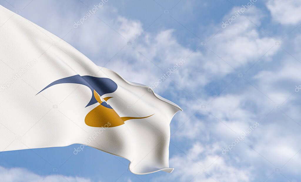 Organization flag Eurasian Economic Union on the background of clouds, fabric flag Eurasian Economic Union, blue sky background with EEU flag, 3D work and 3D image