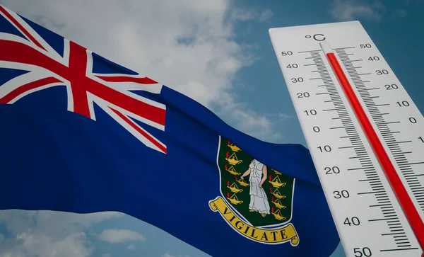 Heat wave in British Virgin Islands, Thermometer in front of flag British Virgin Islands and sky background, heatwave in British Virgin Islands, Danger extreme heat in British Virgin Islands, 3D work