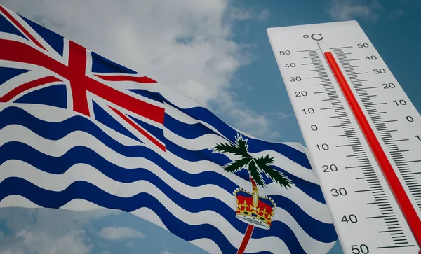 Heat wave in British Indian Ocean Territory, Thermometer in front of flag BIOT and sky background, heatwave in British Indian Ocean Territory, Danger extreme heat in BIOT, 3D work