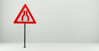 Road sign Narrowing of the road, 3d sign isolated on white background, copy space. 3D work and 3D illustration