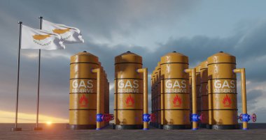 Cyprus gas reserve, Cyprus Gas storage reservoir, Natural gas tank Cyprus with flag Cyprus, sanction on gas, 3D work and 3D image