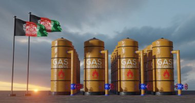 Afghanistan gas reserve, Afghanistan Gas storage reservoir, Natural gas tank Afghanistan with flag Afghanistan, sanction on gas, 3D work and 3D image