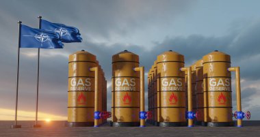 NATO gas reserve, NATO Gas storage reservoir, Natural gas tank NATO with flag NATO, sanction on gas, 3D work and 3D image