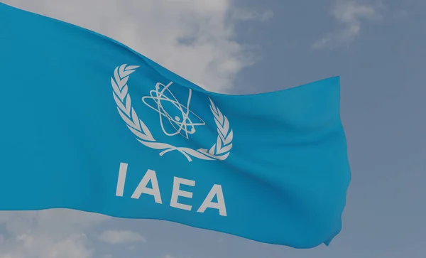 Organization flag International Atomic Energy Agency on the background of clouds, fabric flag IAEA, blue sky background with IAEA flag, 3D work and 3D image