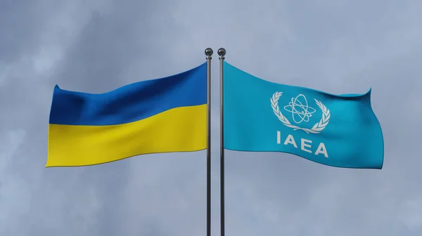 International Atomic Energy Agency IAEA and Ukraine, flag IAEA and Ukraine,  Copy space, 3d illustration and 3d work