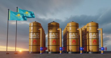 Kazakhstan gas reserve, Kazakhstan Gas storage reservoir, Natural gas tank Kazakhstan with flag Kazakhstan, sanction on gas, 3D work and 3D image