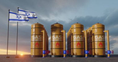 Israel gas reserve, Israel Gas storage reservoir, Natural gas tank Israel with flag Israel, sanction on gas, 3D work and 3D image