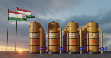Tajikistan gas reserve, Tajikistan Gas storage reservoir, Natural gas tank Tajikistan with flag Tajikistan, sanction on gas, 3D work and 3D image